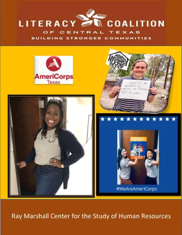 This is the report cover for Evaluation of Literacy Coalition of Central Texas Texas Family Literacy AmeriCorps (TFLA) Initiative.  It shows three scenes of AmeriCorp workers in action.