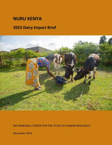 This is the report cover for Nuru Kenya 2023 Dairy Impact Brief.  It shows a Kenyan woman feeding three cows.