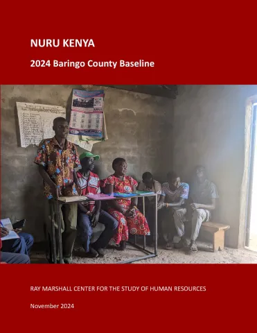This is the report cover for Nuru Kenya 2024 Baringo County Baseline.  It shows people sitting and standing inside a building in Kenya.