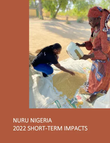 This is the report cover for Nuru Nigeria 2022 Short-Term Impacts. It shows two local women preparing grains.