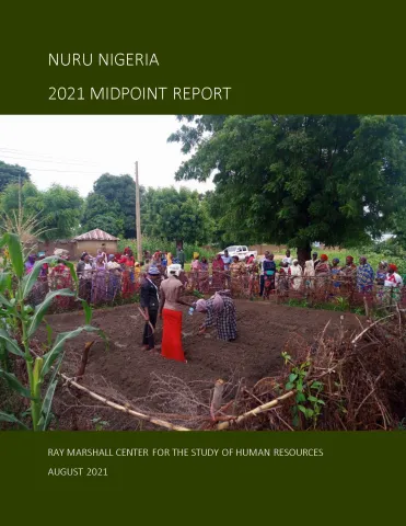 Nuru Nigeria: 2021 Midpoint Impact Report cover This is the report cover for Nuru Nigeria: 2021 Midpoint Impact Report. It shows many locals gathered around a planting area with three women demonstrating how to plant the crop.