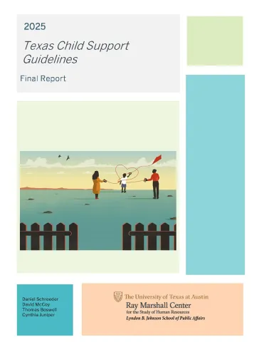 This is the cover for the 2025 Texas Child Support Guidelines Final Report.  It depicts a family flying kites with the string making a heart shape.