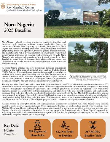 This is the first page of the Nuru Nigeria 2025 Baseline Report.  It depicts images of landscapes adjacent to a national park with livestock and a farm nearby.