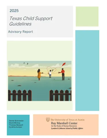 This is the cover for the 2025 Texas Child Support Guidelines Final Report.  It depicts a family flying kites with the string making a heart shape.