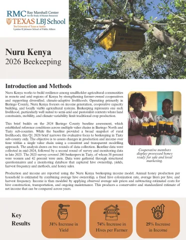 This image shows the first page of the Nuru Kenya 2026 Beekeeping report.  Aside from the text and graphics, there is a picture of a box containing a beehive hanging in a tree and two female cooperative members displaying processed honey ready for sale and local marketing.
