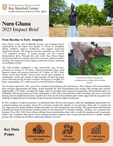 This is an image of page 1 of the Nuru Ghana 2025 Impact Brief.  It depicts pictures o female farmers in their fields along with text and other graphics related to the research.