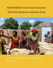 Nuru Nigeria 2023 Endline Impact Report This is the report cover for Nuru Nigeria 2023 Endline Impact Report. It shows Nigerian women laughing and smiling while walking with cows in front of a wall in a village.