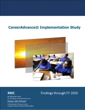 CareerAdvance® Implementation Study Findings through FY 2020: The impact of COVID-19 on service delivery cover This is the report cover for CareerAdvance® Implementation Study Findings through FY 2020: The impact of COVID-19 on service delivery. It shows students in healthcare industry clothing in a classroom setting.