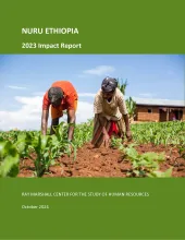 This is the report cover for Nuru Ethiopia 2023 Impact Report. It shows two Ethiopian farmers working in a field of an unknown crop.
