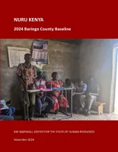This is the report cover for Nuru Kenya 2024 Baringo County Baseline.  It shows people sitting and standing inside a building in Kenya.