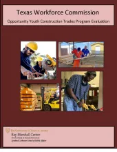 This is the report cover for Texas Workforce Commission Building Construction Trades Evaluation.  It features several scenes of youth at various types of work.