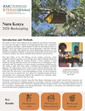 This image shows the first page of the Nuru Kenya 2026 Beekeeping report.  Aside from the text and graphics, there is a picture of a box containing a beehive hanging in a tree and two female cooperative members displaying processed honey ready for sale and local marketing.