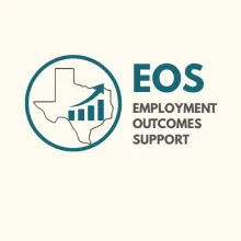 This is the Employment Outcomes Support in Texas logo.  The image festures uppercase lettering with a graphic including the shape of the state of Texas with bar graphs and an ascending arrow.