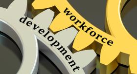 This is a closeup picture of two gears with "workforce" written on the gold one on the top and "development" written on the silver one  on the bottom.