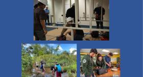 This is the report cover for An Evaluation of Travis County Investments in Workforce Development.  It depicts three scenarious of people working in various fields of work.