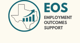 This is the Employment Outcomes Support in Texas logo.  The image festures uppercase lettering with a graphic including the shape of the state of Texas with bar graphs and an ascending arrow.